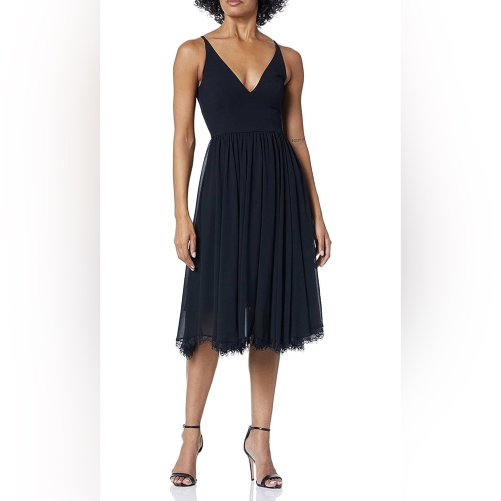 Dress the Population Alicia Plunging Mix Media Sleeveless Fit and Flare Midi